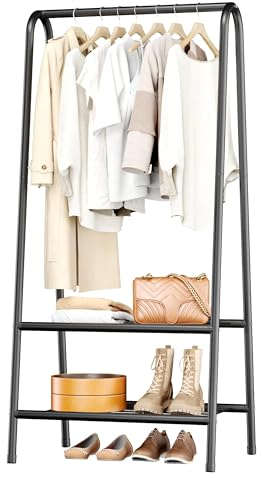 JOISCOPE Kleiderständer, Multifunktional Metall Garderoben Ständer, A-förmige Struktur Garderobenständer, Garderobenständer mit 2-lagigem Regal für Schlafzimmer und Wohnzimmer, Schwarz