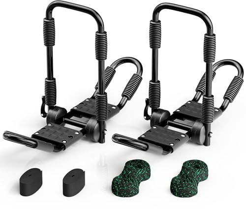 Wiltec Lot 2 pièces Porte-Kayak Galerie de Toit Pliable - en Forme de J - capacité de Charge Max. 68 kg - en Aluminium - Support de Kayak Canoë avec Sangles de Fixation