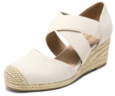 DREAM PAIRS Womens Close Toe Espadrilles Platform Slip on Elastic Criss Cross Straps Dressy Wedges Sandals,Size 9.5,Linen,SDPW226W