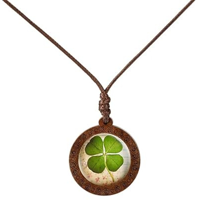 Leomarch Halskette Damen mit vierblättrigem Kleeblatt - Holz Anhänger mit Resin Cabochon - Wachsbaumwolle Kordel Verstellbar - Glücksbringer Schmuck für Frauen