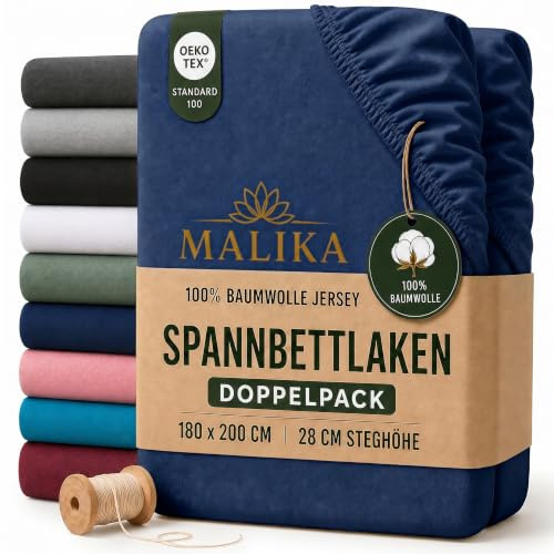 MALIKA® Spannbettlaken 90x200cm - 100x200cm Doppelpack Baumwolle Bettlaken Jersey Betttuch Spannbetttuch Laken - Matratzenhöhe bis 28 cm