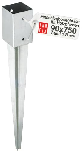 90x90mm Einschlag-Bodenhülse für Holzpfosten Rund + 4-Kant Feuerverzinkt 1,8 mm Materialstärke für Zäune & Gartenprojekte Gesamtlänge 750 mm