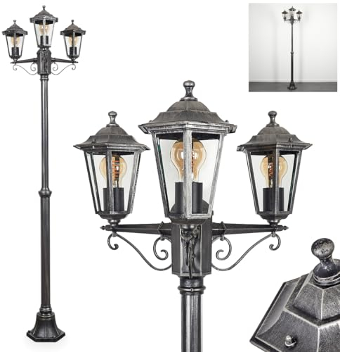 Außenwegeleuchte Loria, Wegeleuchte aus Metall/Glas in Schwarz-Silber/Klar, Kandelaber 3-flammig in antikem Look, Höhe max. 200cm, Gartenbeleuchtung IP44, 3x E27, ohne Leuchtmittel