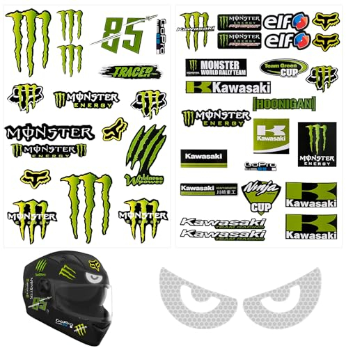 2 Blatt Motorrad Aufkleber,Motorradhelm Aufkleber,Monster Energy Aufkleber,Monster Energy Sticker,für Motorräder,Helme,Skateboards,Autos und Offroad-Motorräder (mit 1 Paar Reflektierenden Aufklebern)