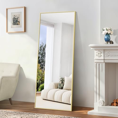 BONEWEI Ganzkörperspiegel 165 x 60 cm, Rechteckiger Standspiegel mit Gold Aluminiumrahmen, Groß Wandspiegel Bodenspiegel für Schlafzimmer, Eingangsbereich, Flur, Heimdekorationn
