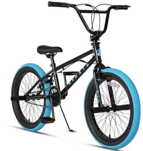 AVASTA 20 Inch Freestyle BMX Bicycle Big Kids Teenager Bike for Age 6 7 8 9 10 11 12 13 14 Years Old Boys Girls Teen Youth Adult and Beginner-Level Rider with 4 Peg, 360 Degree Gyro, Black & Blue
