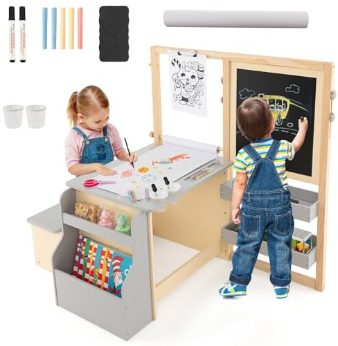 LIFEZEAL Bureau Enfant avec Banc, Tableau Double Face Réglable en Hauteur, 3 Etagères, Bibliothèque, Rouleau de Papier, Table à Dessin Bois Montessori, Garçon Fille 3+ Ans, Charge 50 kg (Gris)