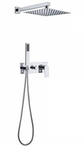 Douche thermostatique, pommeau de douche encastré, pommeau de douche à effet pluie et flexible, kit de douche à 2 fonctions, douchette à main, ensemble de douche encastré, douche grise.(Chrome)
