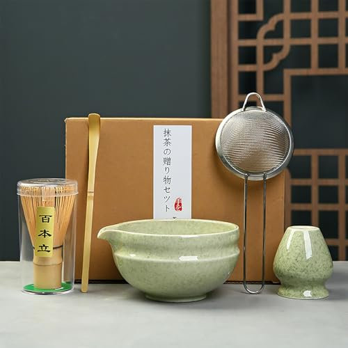 Kedoxi Matcha Whisk Set 5 PCS, Matcha Kit with Bamboo Whisk (Chasen), Bowl, Scoop (Chashaku), Stainless Steel Sifter & Holder - Ceremonial Grade Japanese Tea Set (Matcha Green 1)