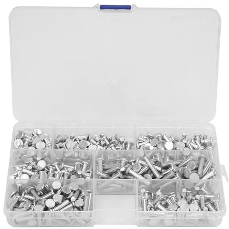CYTGOUPER 350PCS Flat Head Rivets,M4x4/6/8/10/12/16/20mm Solid Rivets,17.5x10x2cm Aluminium Rivets with Plastic Storage Box for Machinery Furniture Aviation Projects