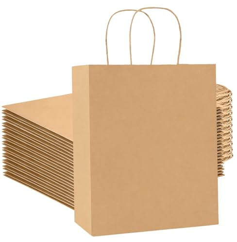 50Pcs Sac Papier kraft avec Poignée Brun Sacs craft Grand 21X11X27cm pour Fête Noël Anniversaire Mariage