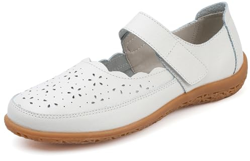 Mokayu Womens Leather Mary Janes Ladies Ballet Flats Business Dress Shoes Hook & Loop Shoes Comfort Casual Work Office Nursing Sandals