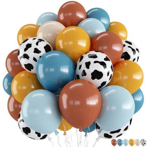 Cow Print Balloons, 12 Inch Dusty Slate Blue Brown Yellow Sand White Latex Party Balloon Western Cowboy Balloons for Boys First Rodeo Baby Shower Farm Country Wild West Birthday Party Decorations