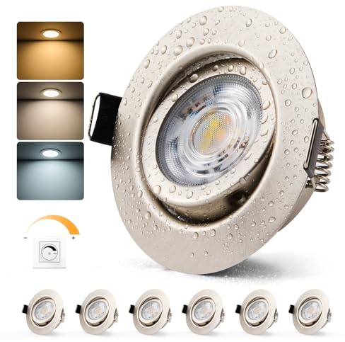 Bojim Dimbar infällbar LED-spotlight i nickel, IP44 badrum | Hål 68 mm, 7 W i varm/neutral/kall vit, plats för kök, set om 6