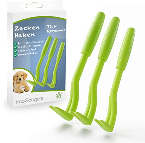 innoGadgets Zeckenhaken Zeckenzange | Verschiedene Haken für alle Zecken-Größen | Schonende Zeckenentfernung in Sekunden | GRATIS E-Book: Coole Tricks für clevere Dogs | Grün (3-Set)