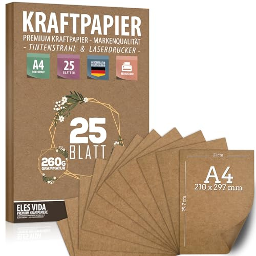 Feuilles de papier Kraft de qualité supérieure - DIN A4-260g - 21x29,7cm - Papier d'artisanat et carton naturel Feuilles pour l'impression, fabrication de papier cartonné (25 unités)