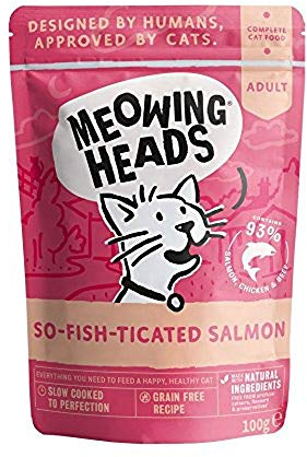 Meowing Heads Comida Húmeda para Gatos - So-Fish-Ticated Salmon - 93% Natural con Salmón, Pollo y Ternera sin aromas artificiales, Receta sin cereales ( 10 x 100 g)