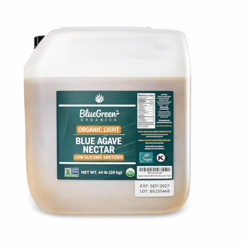 BLUE GREEN ORGANICS Light Blue Agave Nectar - 44 lb Bulk Pail - Certified Organic & Non-GMO Natural Sweetener - Mild Flavor Sugar Substitute for Coffee, Tea & Baking - 4 Gallon Restaurant Size