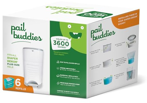Recambios de cubeta para pañales Dekor Plus | 6 unidades | Capacidad para hasta 3600 pañales | Recambios de cubeta de pañales resistentes y duraderos con olor a polvo fresco | Fácil de instalar en