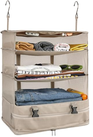 Surblue Kleiderschrank-Organizer zum Aufhängen 3 Ebenen faltbar, waschbarer Oxford-Stoff mit 2 Haken Beige XL