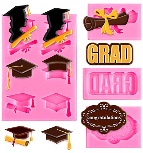 Whaline 4 Pack Graduation Mini Fondant Molds Silicone Cap Diploma mould Congrats Grad Congratulations Candy Chocolate Mould for Party Soap Jelly Cake Cupcake Topper Decoration