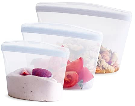 Stasher Bag Premium Silikonbeutel wiederverwendbar für Lebensmittel, Lot de 3, Klar, Dauerhaft, Backofen, spülmaschinen & Gefrierfest, Umweltfreundlich, Für Essenszubereitung, Mehrzweckbehälter