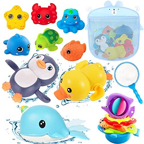 Chennyfun Conjunto Juguetes para Baño, 17 Piezas Baby Bath Toys Incluye Pingüinos, Patos, Ballenas, Pulpos, Estrellas de Mar y Otros Simpáticos Animales para Niños Pequeños de 1, 2, 3, 4, 5, 6 Años
