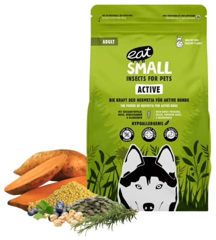 EAT SMALL Active Hundefutter 3x2 kg, Trockenfutter mit Insekten, nachhaltig, hypoallergen, Adult, für aktive Hunde bis 25 kg, Alleinfutter, unterstützt Gelenke sowie Muskulatur und Ausdauer