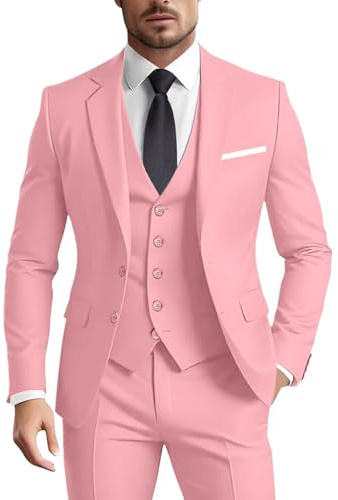 Men's Suit 3 Pieces Slim Fit Formal Business Wedding 2 Buttons Blazer Vest Pants Set Tuxedo, Pink, M