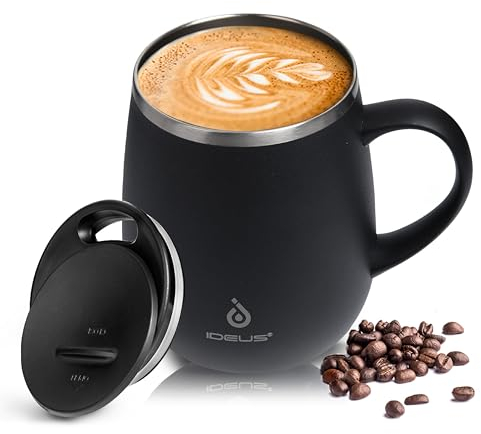 Ideus Kaffeebecher 470 ml (16 oz), doppelwandige vakuumisolierte Kaffee- und Teetasse aus Edelstahl mit rutschfestem Griff und Schiebemoduldeckel und großem Volumen (Schwarz)