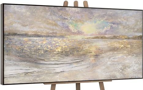 YS-Art Quadro moderno crepuscolo belle moderna i luminosi e colorati Paesaggio marino con oro nei toni del beige con cornice 120x60 cm