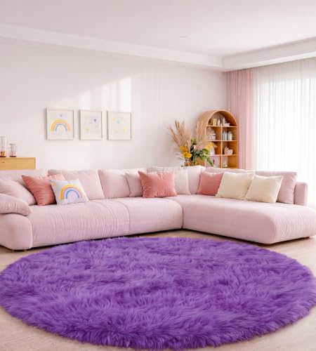 ROHATIM Teppich Wohnzimmer Rund 200 cm Violett Waschbar Rutschfester Runder Hochflorteppich Kinderzimmer Schlafzimmer Flauschig