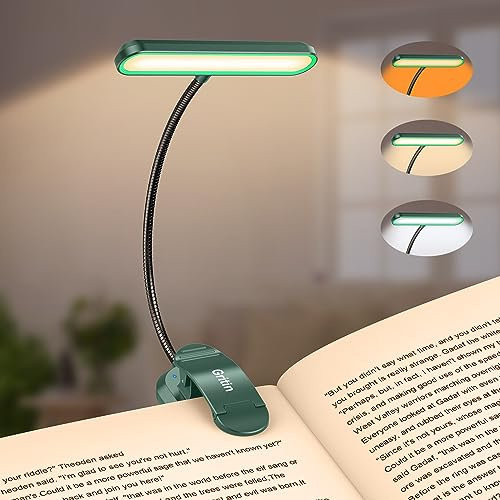 Gritin Lampe de Lecture 19 LED, Liseuse Lampe Clip Rechargeable, Protection des Yeux, 5 Luminosités & 3 Couleurs (Ambre/Blanc/Mixte), 360° Cou Flexible, Longue Durée,Léger & Portable-Vert Foncé