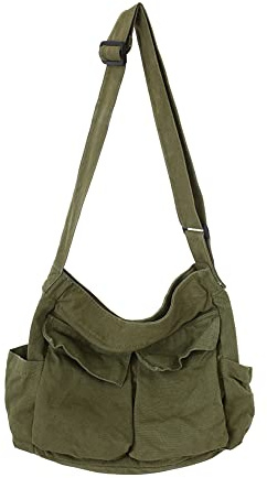YILCER Sac à bandoulière en toile pour homme et femme, grands sacs à bandoulière en toile sac fourre-tout pour l'école, les voyages, le quotidien décontracté, 38 cm x 24 cm x 16 cm, Vert armée-3