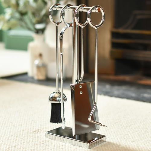 42cm Silver Contemporary Loop Handle Four Piece Fireplace Accessories Companion Set - Fireside Tools with Poker, Tongs, Brush and Pan - Fireside Companion Set for Fire Log Burner