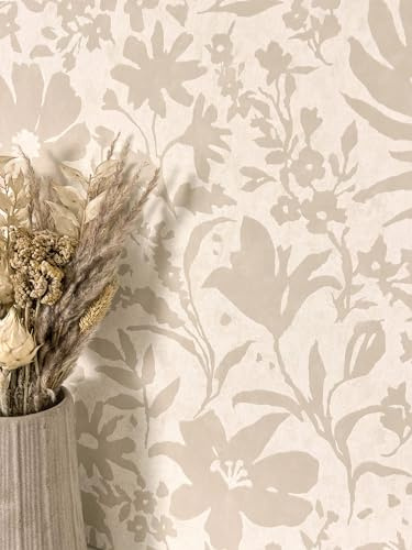 Newroom Tapete Beige Vlies Blumen - Romantisch Floral Blüten Blätter für Wohnzimmer Schlafzimmer