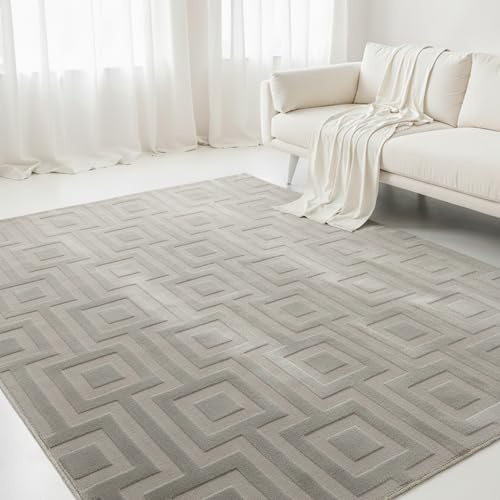 Interiyou Tappeto salotto pelo corto Cannes - 200x300 cm Grigio - Stile boho scandinavo con effetto 3D alto-basso - Piatto con motivo geometrico