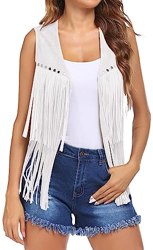 Gilet à franges pour femme - Costume hippie des années 70 - Veste western de cowgirl sans manches en daim synthétique avec pompons - Vêtement d'extérieur en cuir