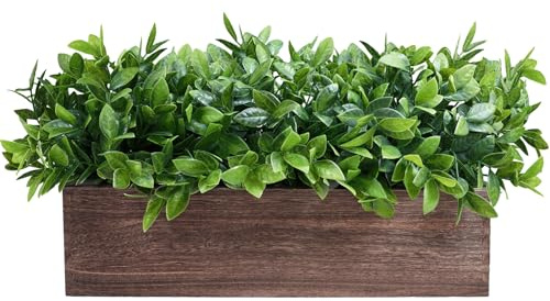 Winlyn 14 Artificial Boxwood Plants in Rectangular Wood Planter Farmhouse Greenery Arrangement Centerpiece Faux Potted Herb Plant for Wedding Dining Room Table Kitchen Windowsill Mantel Shelf Décor