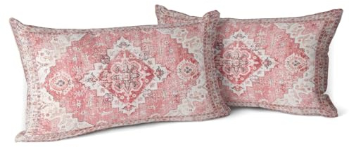 Snylcce Boho Throw Pillow Covers Set of 2 - Pink Antique & Vintage Design, Double-Sided Pattern - Soft Cushion Covers for Garden Couch, Sofa, Bed - Decorative 12x20 Inch Pillowcases
