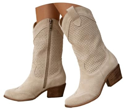 Stivali da cowboy da donna stivaletti in pelle scamosciata stivali western alti alla caviglia stivali a punta con tacco basso stivali mezze lunghezze in pelle scamosciata traforata scarpe da donna