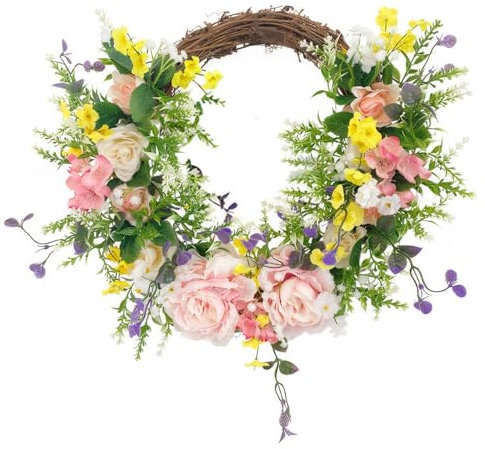 Corona de Puerta, Corona Artificial de 16 Pulgadas, Coronas de Primavera Colgantes para la Puerta Delantera, Corona de Flores de Campo, Coronas de Primavera caseras para la Puerta Delantera