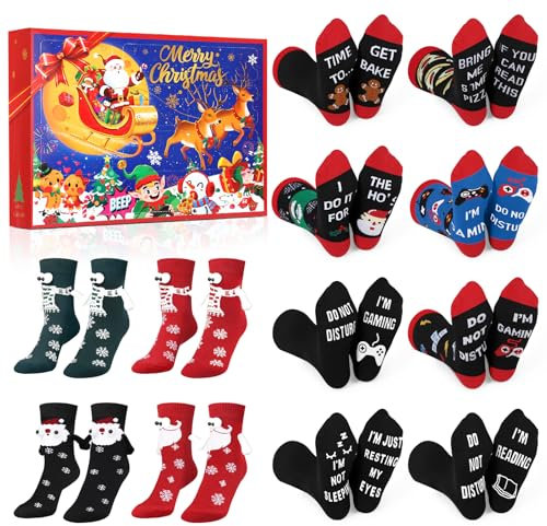 Jodimitty 12 Paar Weihnachtssocken Adventskalender 2024 Frauen Männer Unisex Baumwolle Socken Weihnachtsstrümpfe Fun Lustige Texte Muster Adventskalender Geschenke