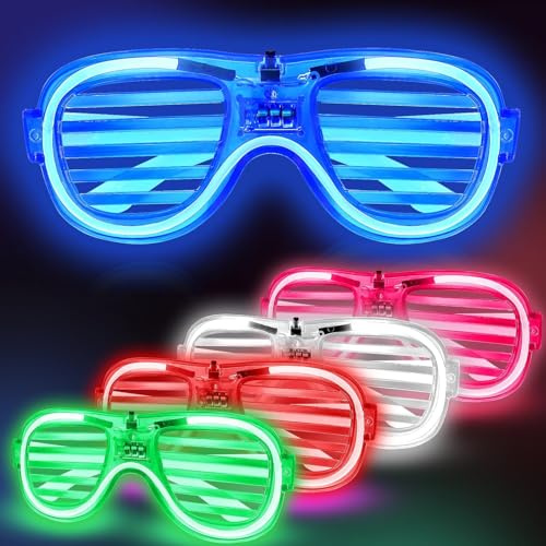 Neon LED Party Glasses – Light Up Glow Shutter Glasses for Graduation Party, Christmas & Birthday Parties, Flashing Disco Rave Sunglasses for Festival, Club, Bulk Wedding Party Favors (5 Pack)