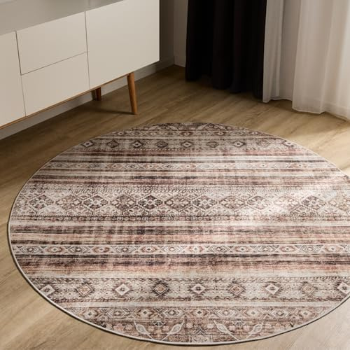 benuta Basic Waschbarer Teppich George - Braun 160 cm rund - Kunstfaser - rund & im Style: Vintage, Elegant, Retro - Pflegeleicht für Wohnzimmer Schlafzimmer
