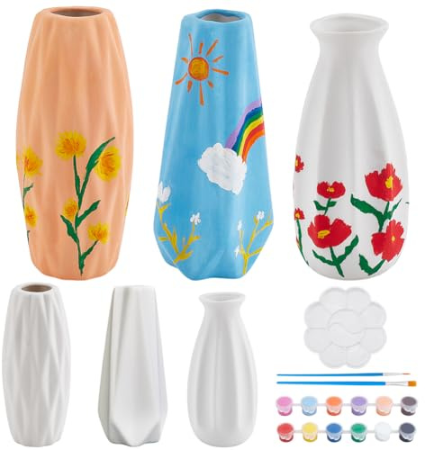 WEBEEDY 3 Sets Vase Pottery Painting Kit Paint Your Own Vase Ceramic Painting Kit for Adults Unpainted Vases with Rhombus Edge for Art Party Christmas Birthday Gift Fun Activity Home Decor (3 Shapes)
