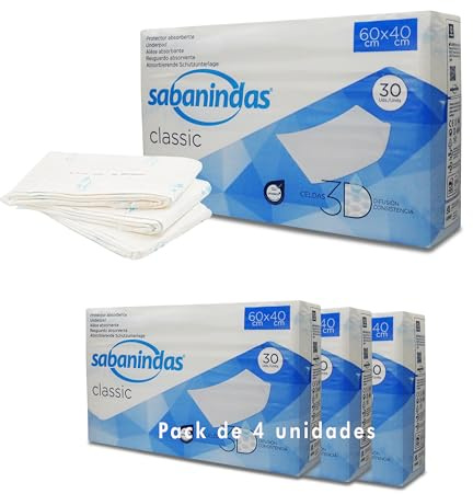 Indas Sabanindas Classic 60x40 - 30 Protectores Absorbentes para Incontinencia - Confort Duradero - Seguridad y Práctica - Libre de Látex - 4 Paquetes - 120 Unidades