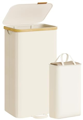 SONGMICS Cesto para la Colada con Tapa, Cesta para Ropa Sucia, Bolsa Interior Extraíble, Marco de Bambú, Lavandería Dormitorio, 100 L, Blanco Crema LCB531WD01