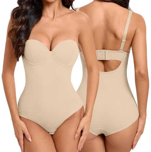 Hioffer Strapless Shapewear Bodysuit with Built in Bra- Tummy Control Full Body Shaper : Removable Straps Sculpting Low Back Compression Shape Wear