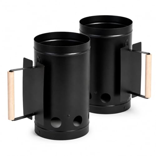 MIO TECK 2 x chimney coal lighter – Ø 16 x H 27,5 cm – black, galvanized metal with wooden handle – quick start, ideal for all charcoal grills (2, black)